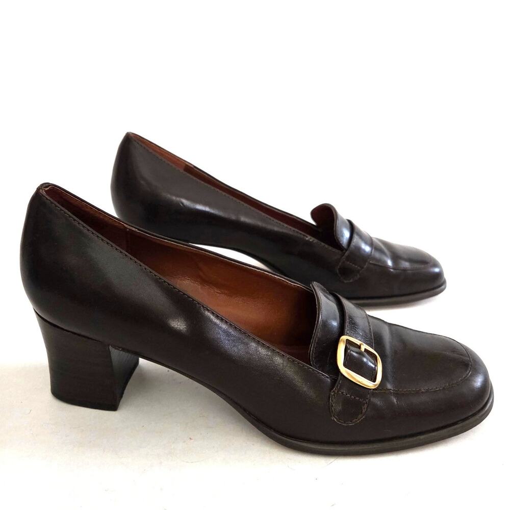 Vintage Etienne Aigner Melbourne Brown Leather Buckle Chunky Heel Loafers Sz 8